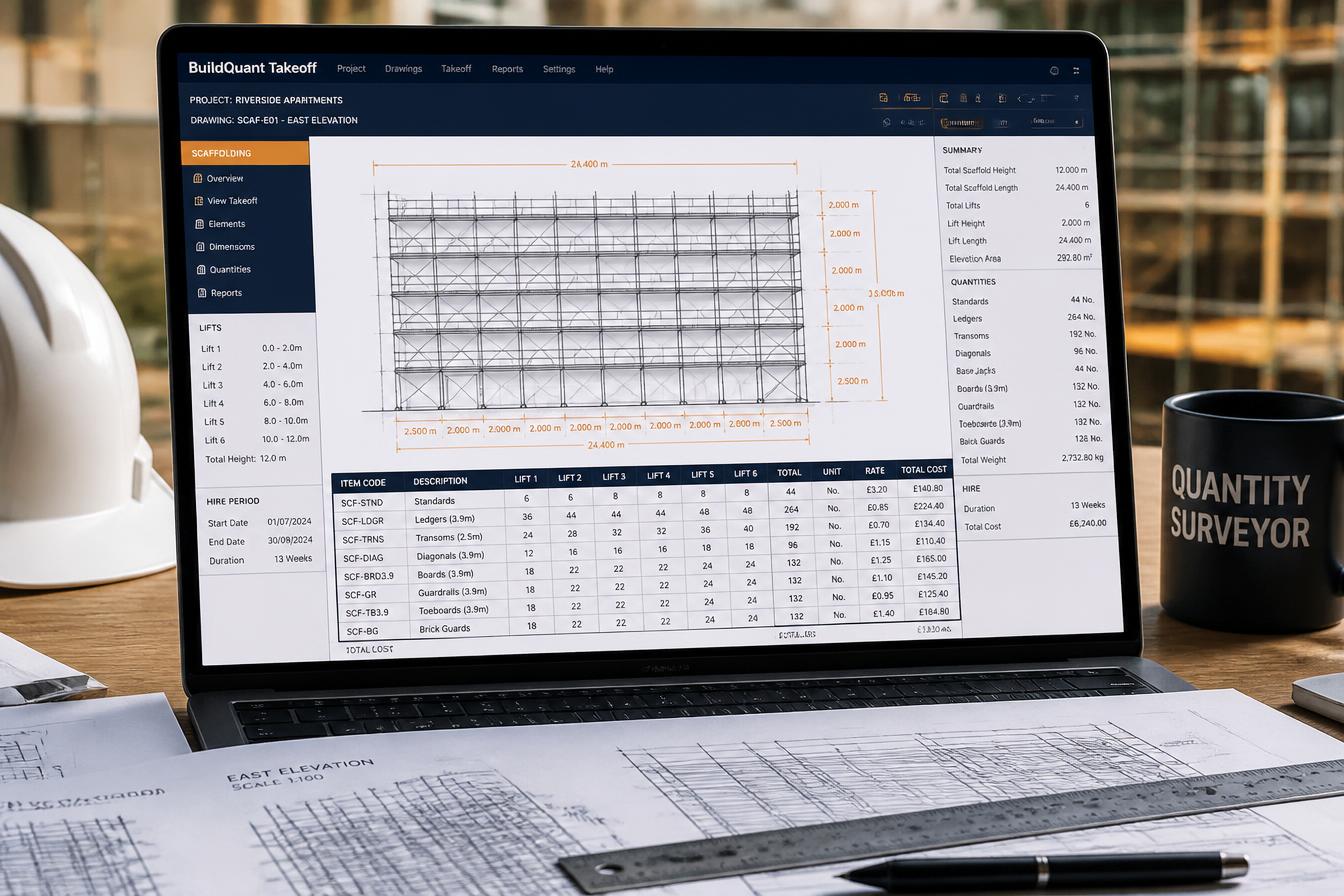 Scaffold quantity surveying screen take-off showing lift schedules, quantities and hire durations